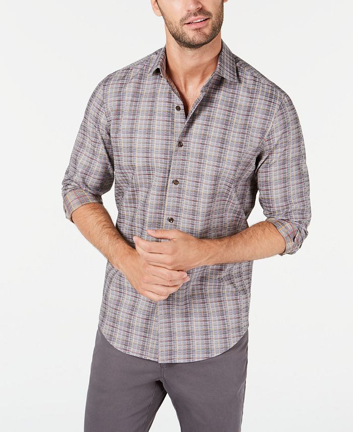 Tasso Elba Men's Cotton Check Print Button Down Shirt Gray Size Medium