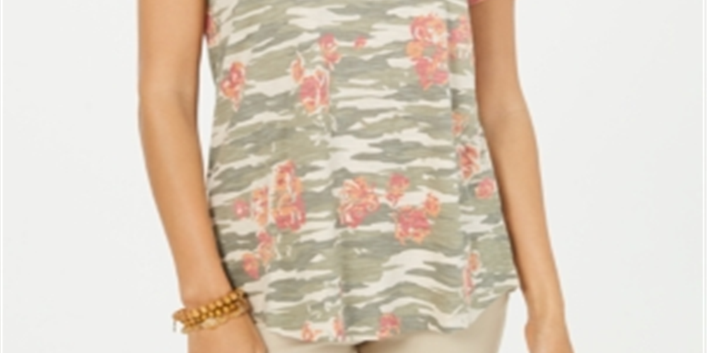 Style & Co Women's Cotton Printed Scoop Neck Top Green Size Medium