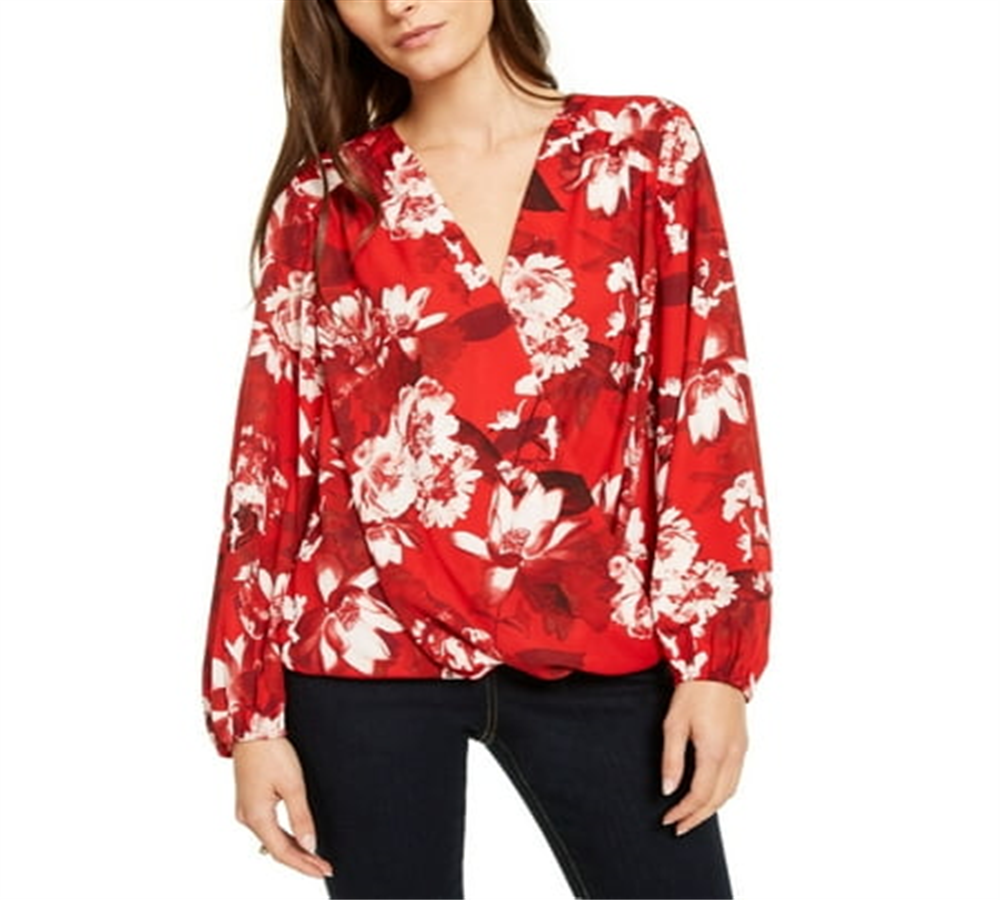 INC International Concepts Women's Red Floral Print Surplice Top Size Petite Small