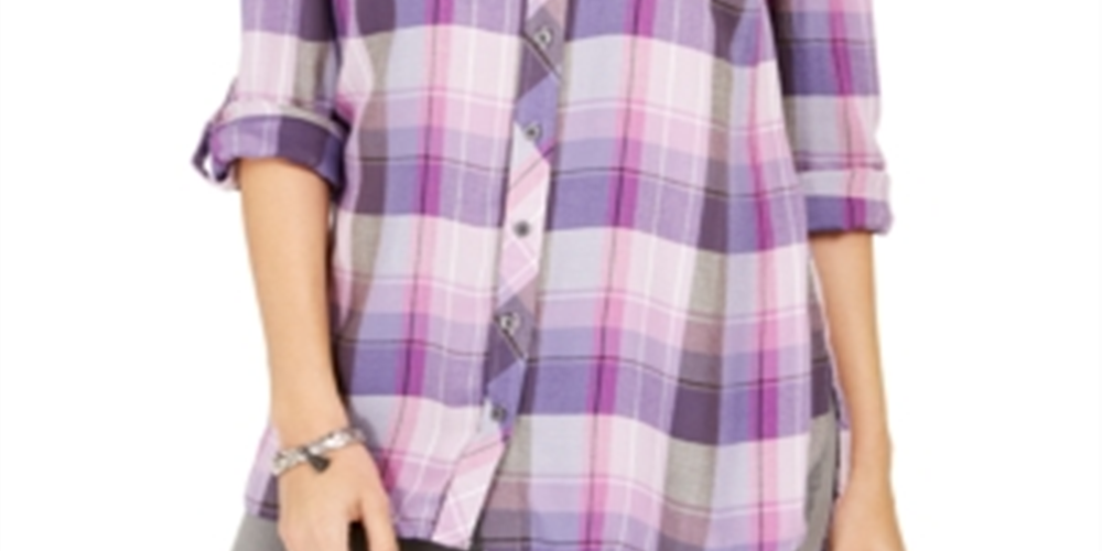 Style & Co Women's Button up Plaid Boyfriend Purple Size Small