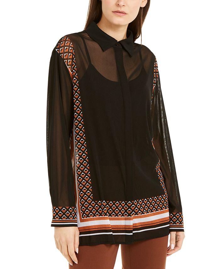 Alfani Women's Button Down Printed Blouse Black Size Small