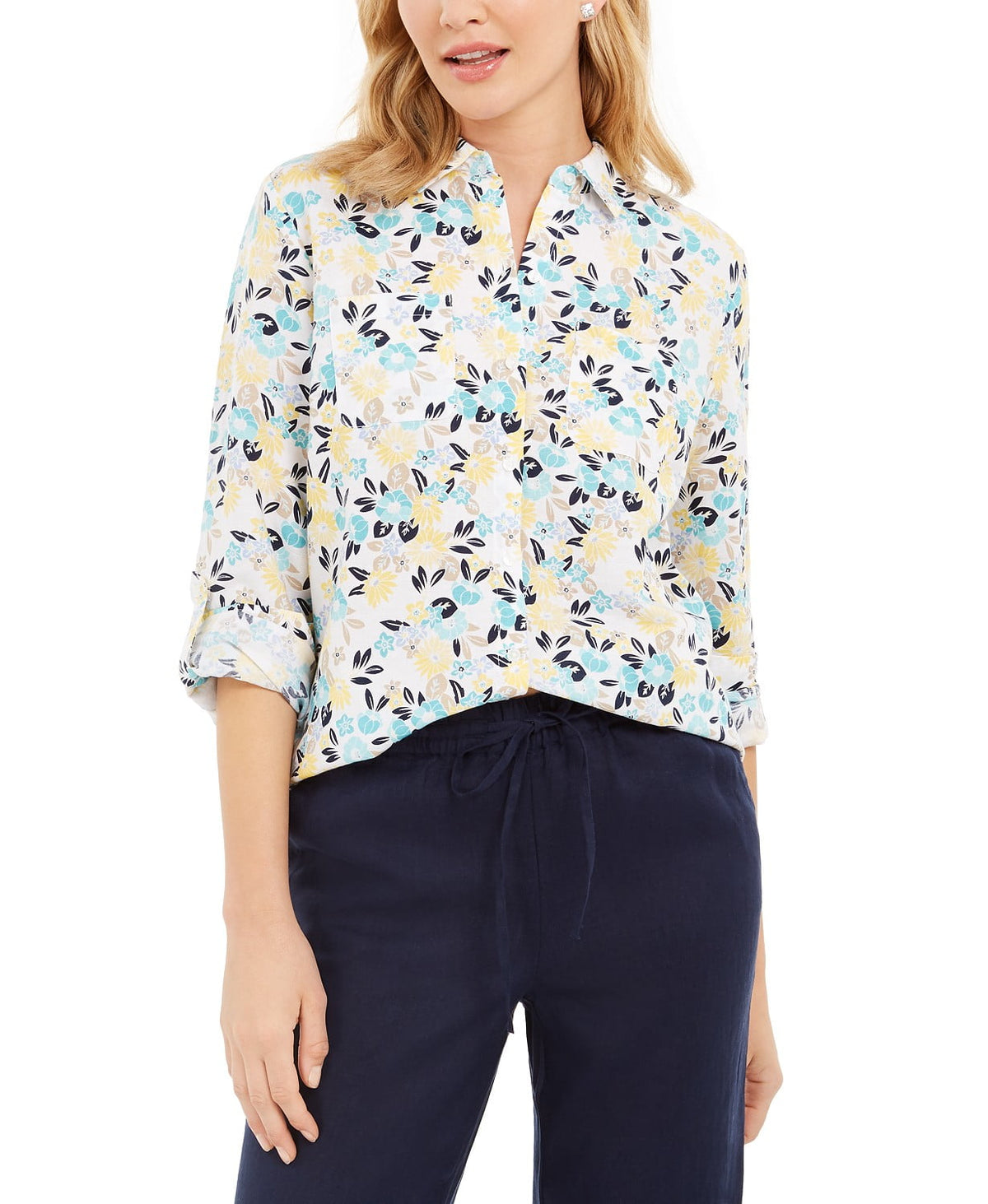 Charter Club Women's White Cotton Floral-Print Shirt Size Medium