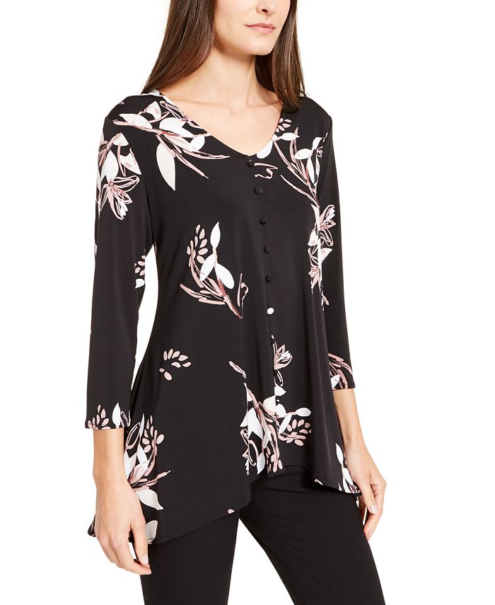 Alfani Women's Floral Long Sleeve V Neck Top Black Size X-Large