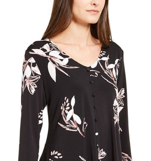Alfani Women's Floral Long Sleeve V Neck Top Black Size X-Large