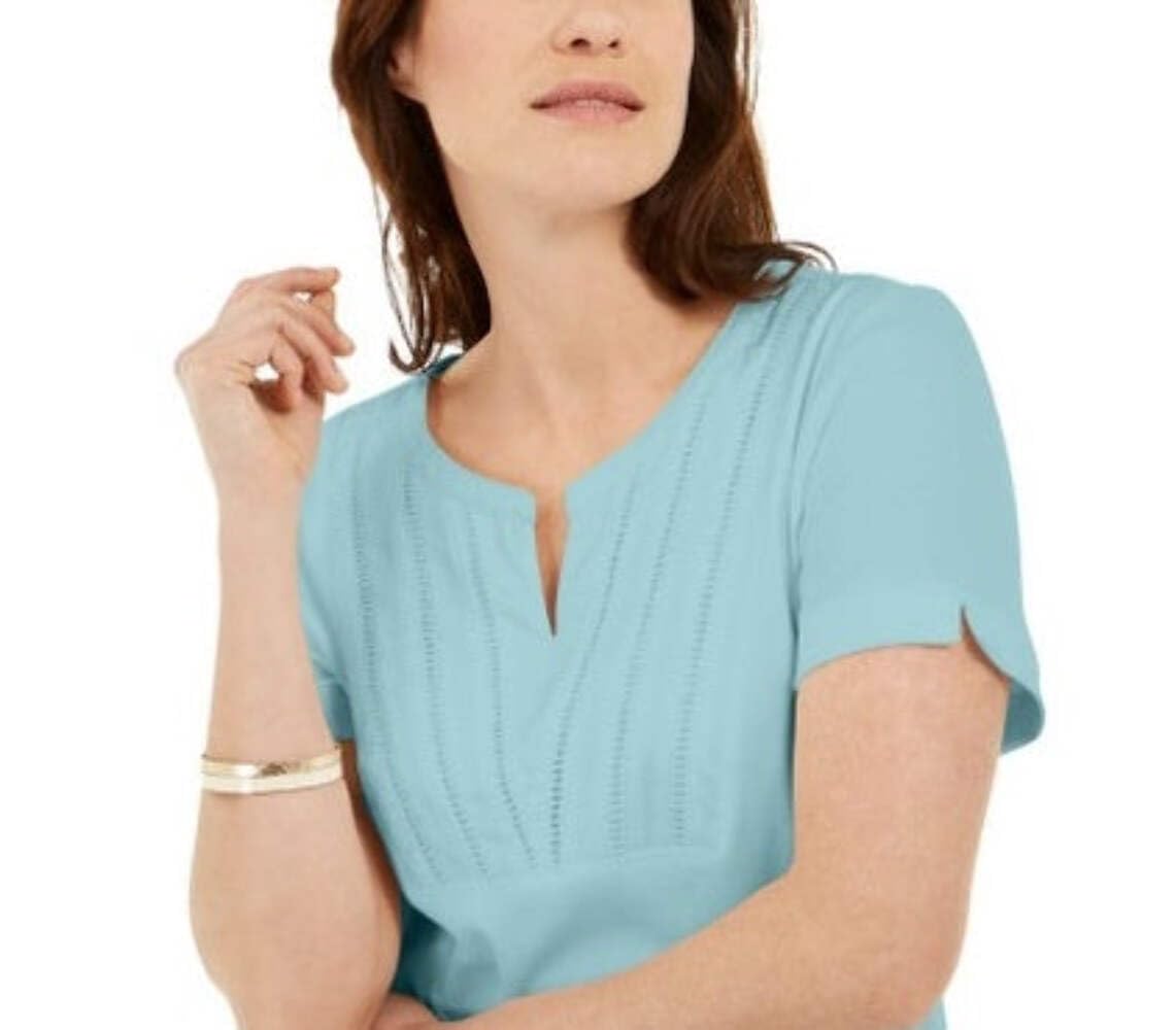 Karen Scott Women's Blue Woven Split Neck Top Size Small