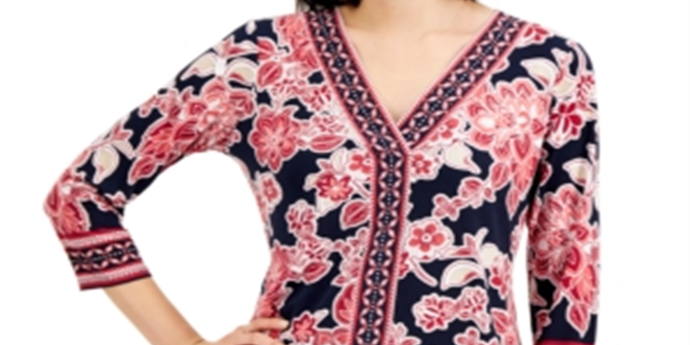 JM Collection Women's Oasis Embellished Mixed Print Top Red Size Small