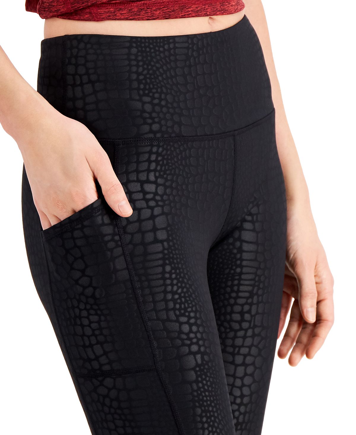 ID Ideology Women's Embossed Side Pocket 7/8 Length Leggings Black Size Small