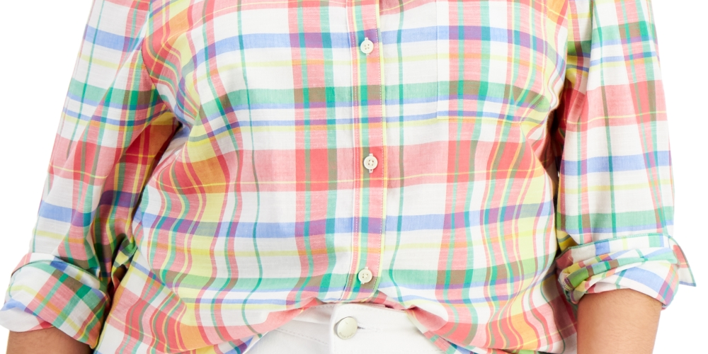 Style & Co Women's Cotton Plaid Button Down Shirt White Size Large