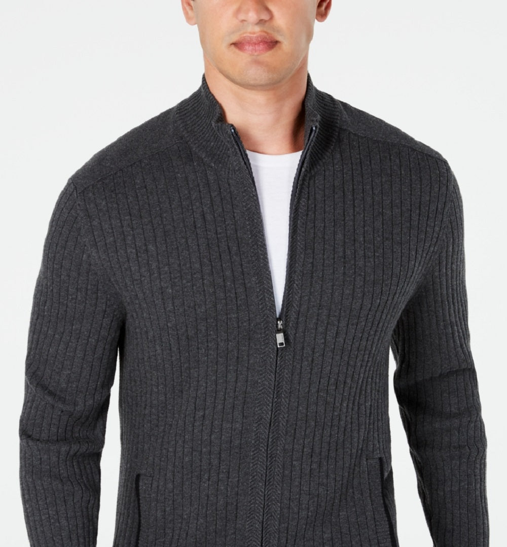 Alfani Men's Ribbed Full Zip Sweater Gray Size Medium