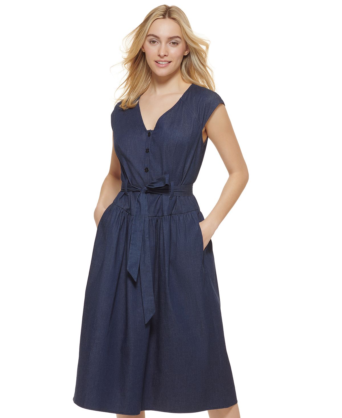 DKNY Women's Denim Cap Sleeve Tie Waist Midi Dress Blue Size 8
