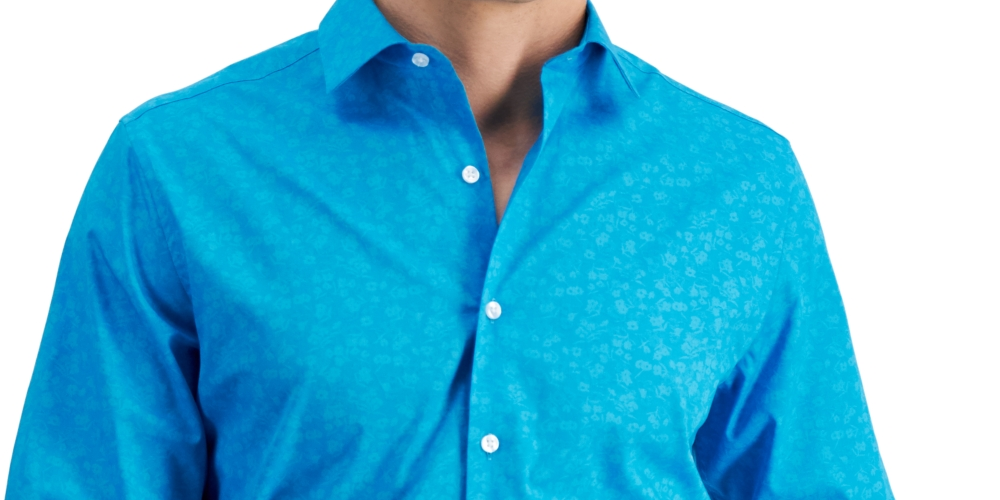 Bar III Men's Slim Flit Floral Stretch Dress Shirt Blue Size Large