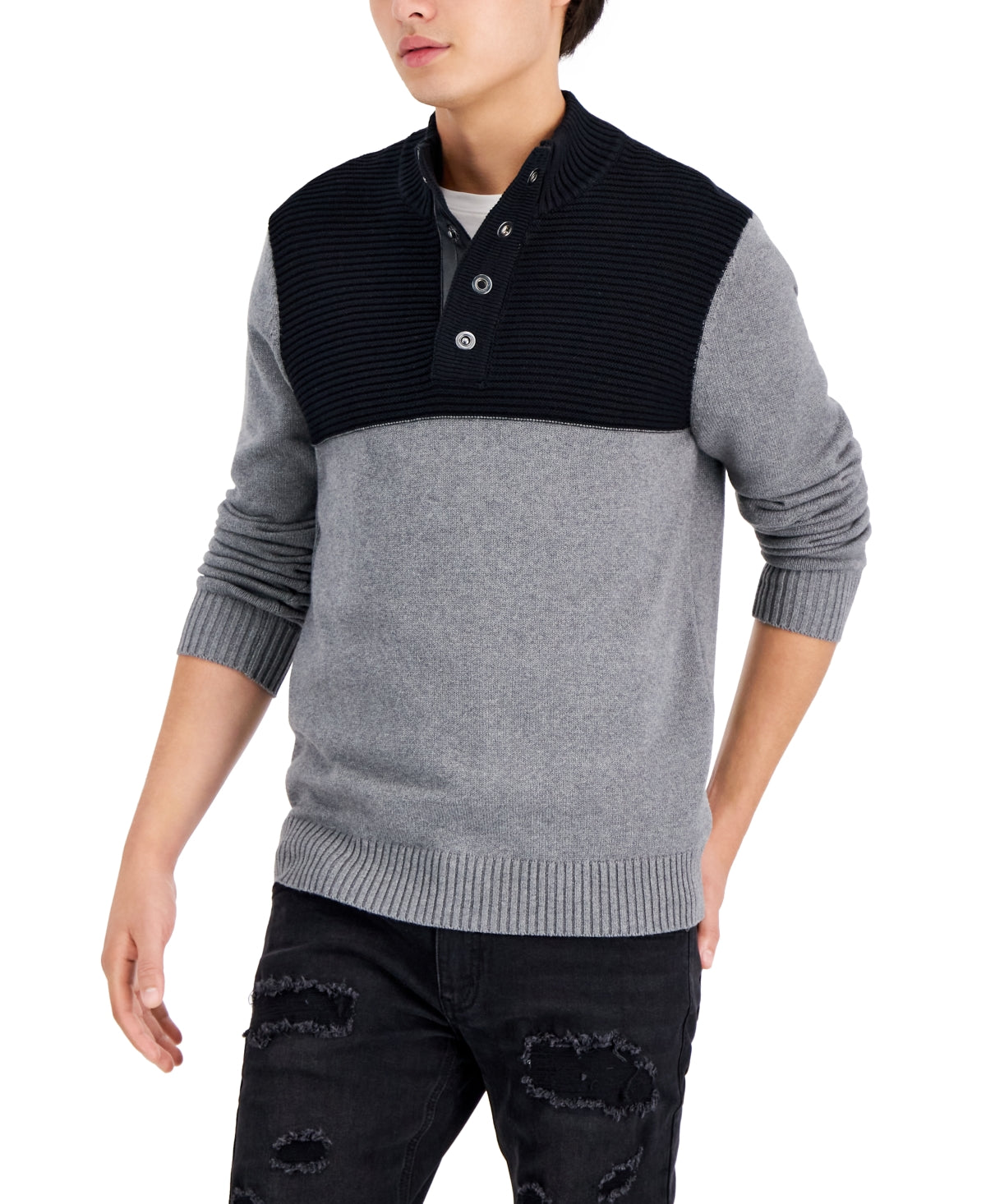 INC International Concepts Men's Colorblocked Mock Neck Sweater Gray Size Medium