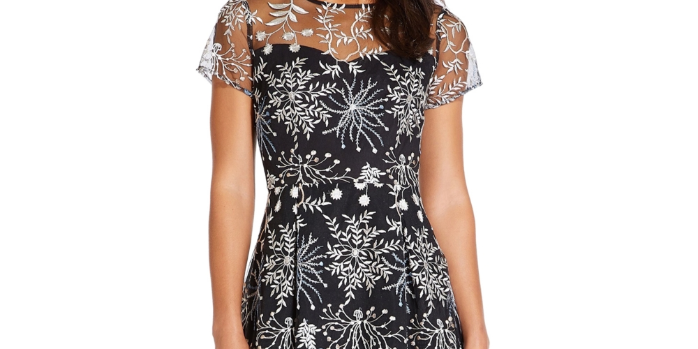 Adrianna Papell Women's Embroidered Illusion Neck Dress Blue Size 16