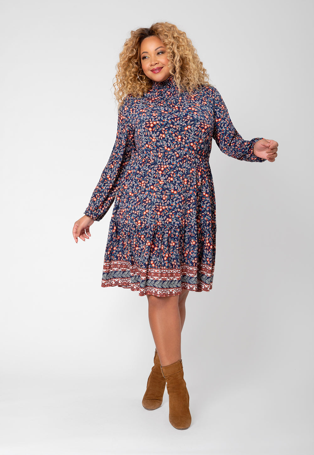 Leota Women's Long Sleeve Olive Boho Tiered Jersey Dress (Curve) Blue