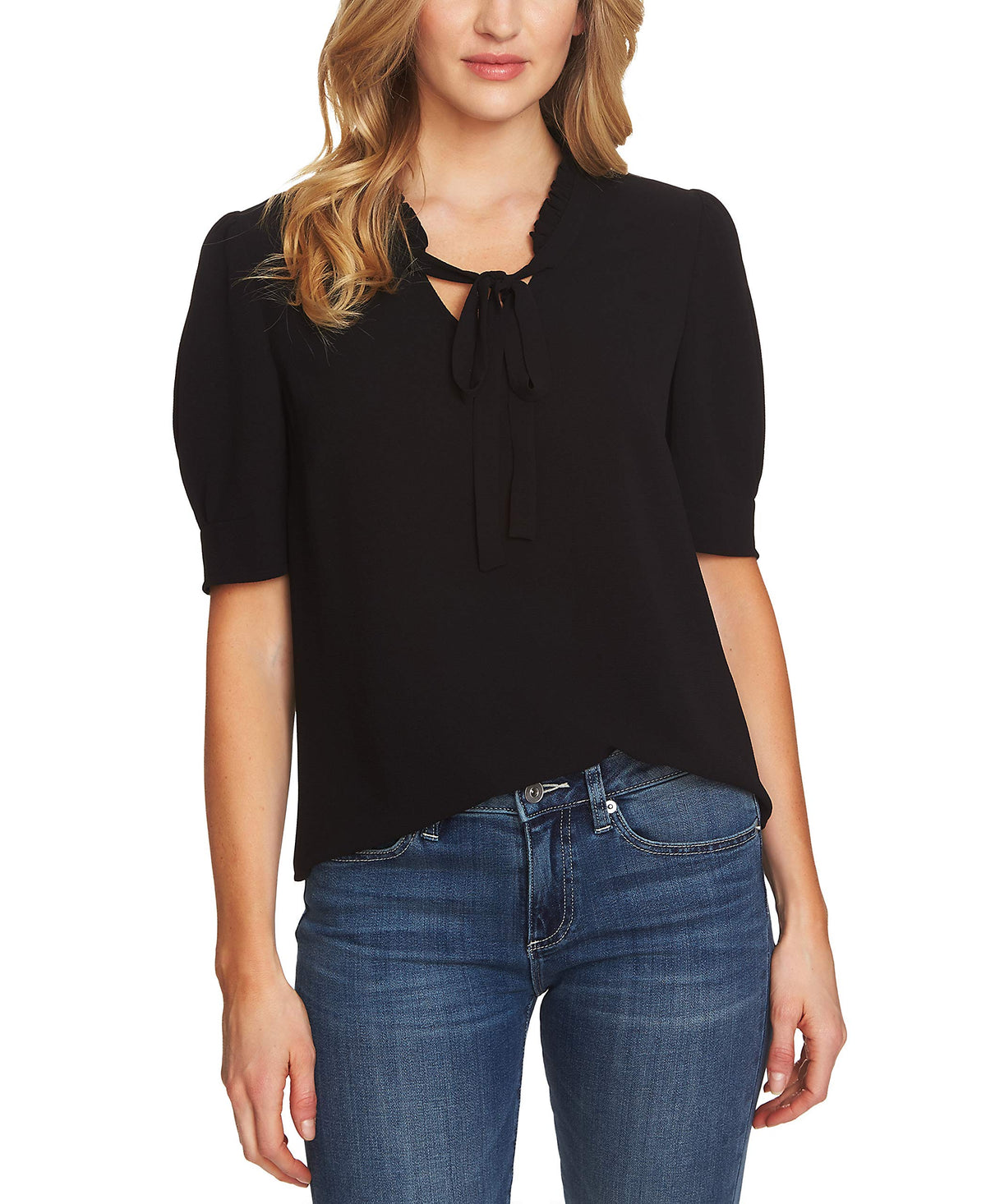 CeCe Sportswear Women's Short Sleeve V-Neck Ruffled TOP with Bow, Rich Black, S