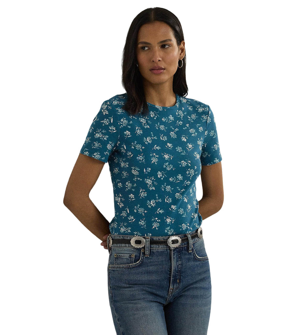 Lauren Ralph Lauren Women's Floral Stretch Cotton Crewneck Tee Indigo Multi Small
