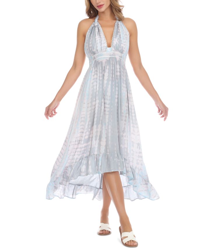 Raviya Women's Tie Dyed Halter Maxi Dress Swim Cover Up Swimsuit Gray Size Large