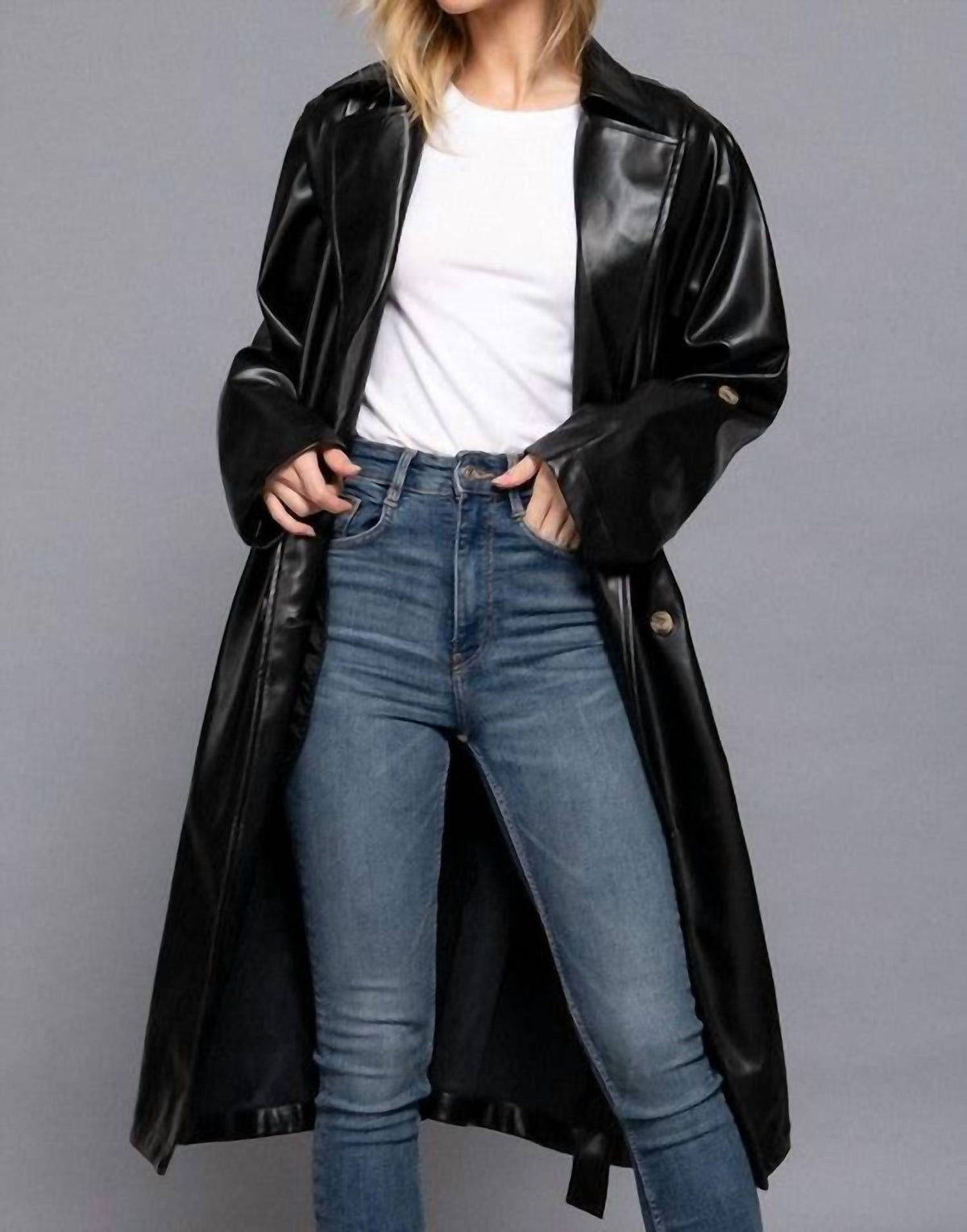 Active Usa - Double Breasted Faux Leather Trench Coat