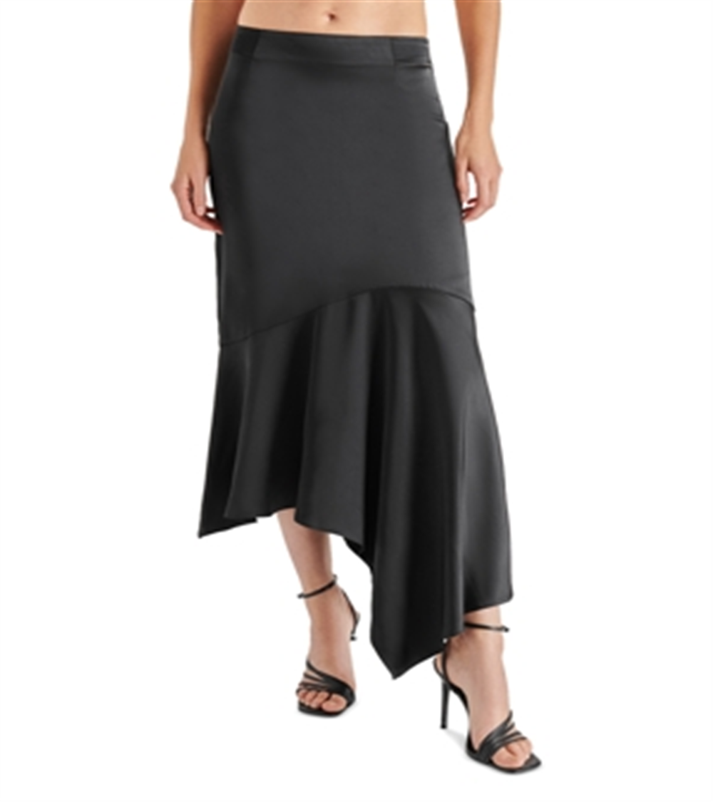 Steve Madden Lucille Satin Asymmetric Midi Skirt Black