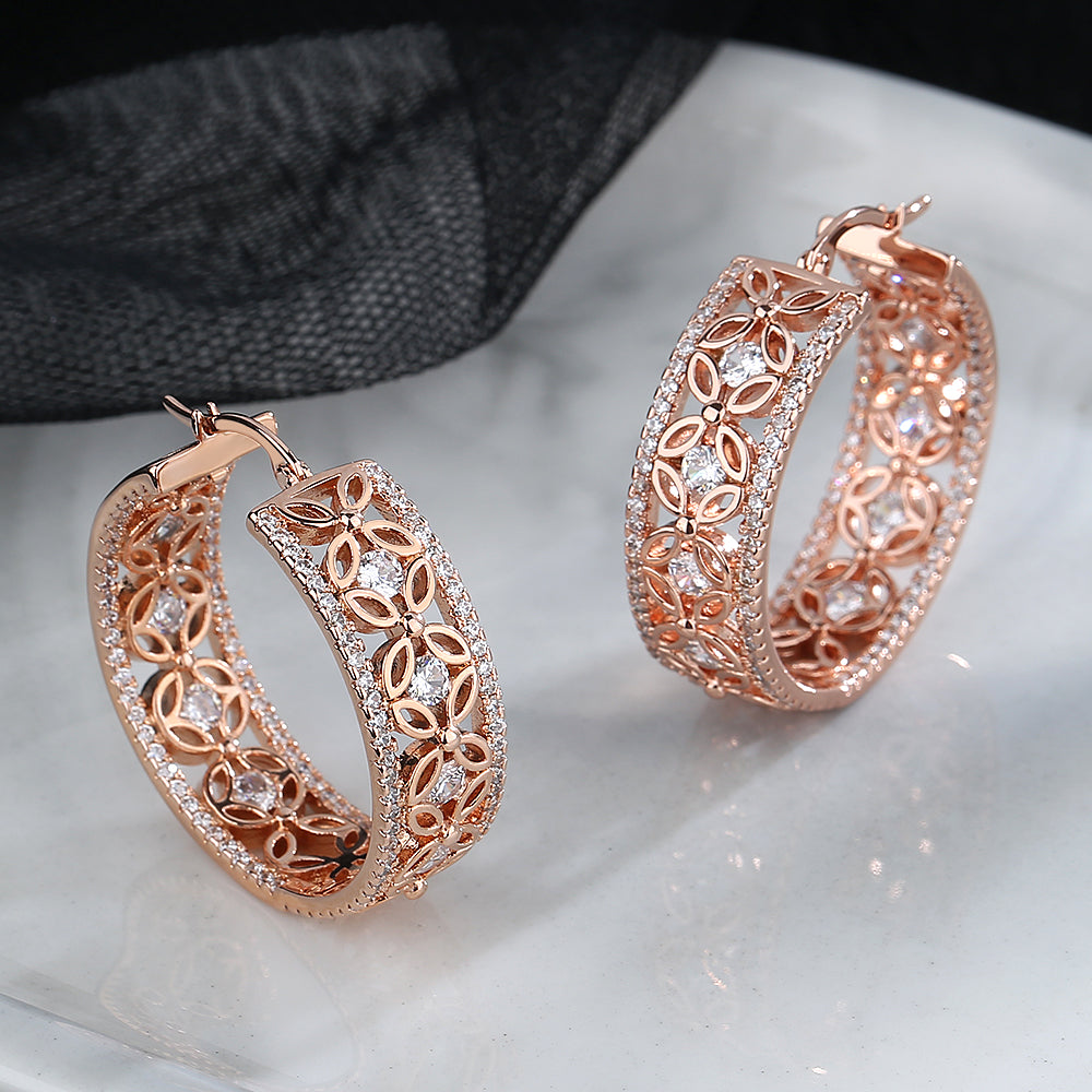 14K Gold Filigree Flower Hoop Earring with crystals