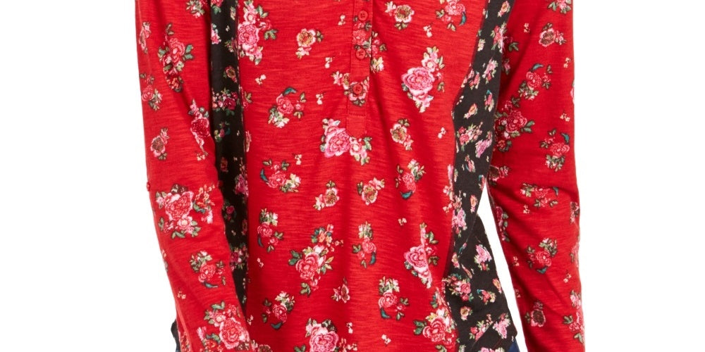 Style & Co Women's Floral Long Sleeve V Neck Top Red Size Petite Small