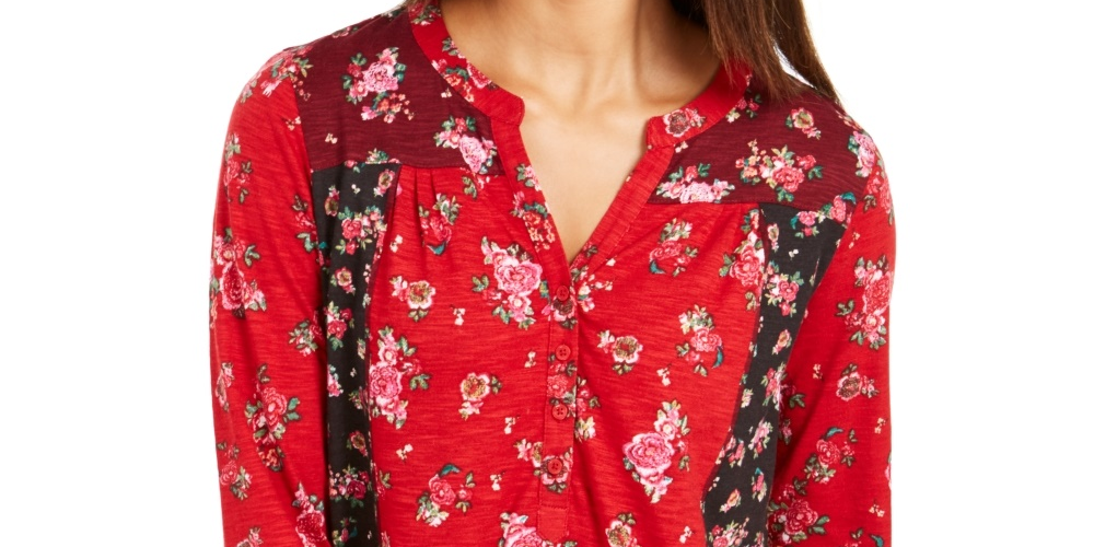 Style & Co Women's Floral Print Button Down Top Timely Rose Red Size Petite Medium