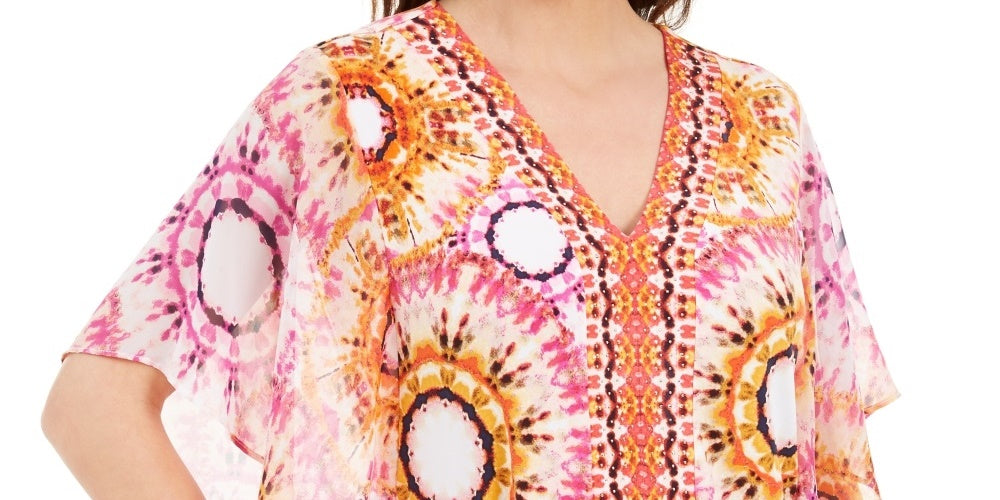 JM Collection Women's Blouse Studded Tie Dye V Neck Pink Size Medium