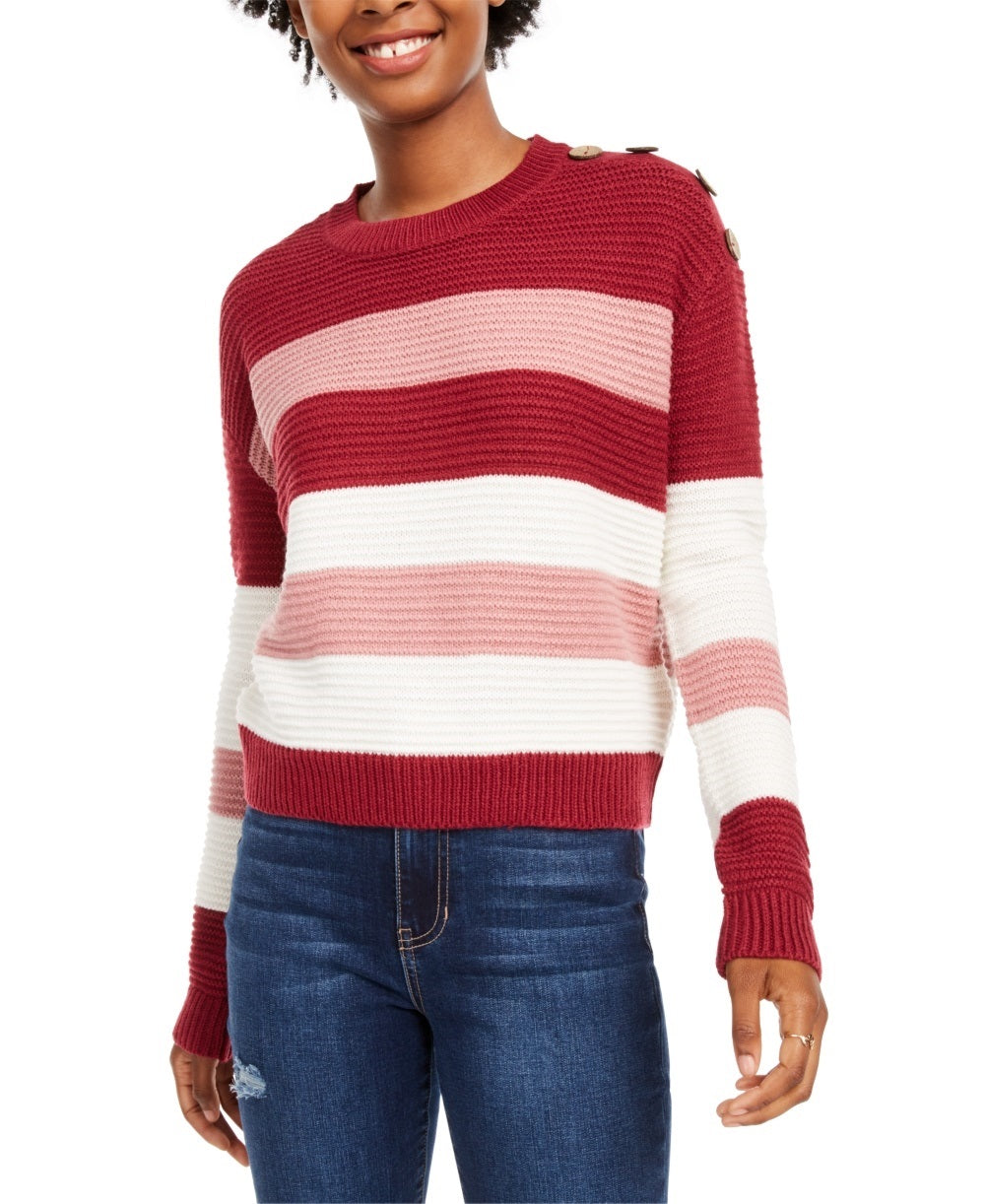 Planet Gold Derek Heart Juniors' Striped Button-Shoulder Sweater Red Size Medium