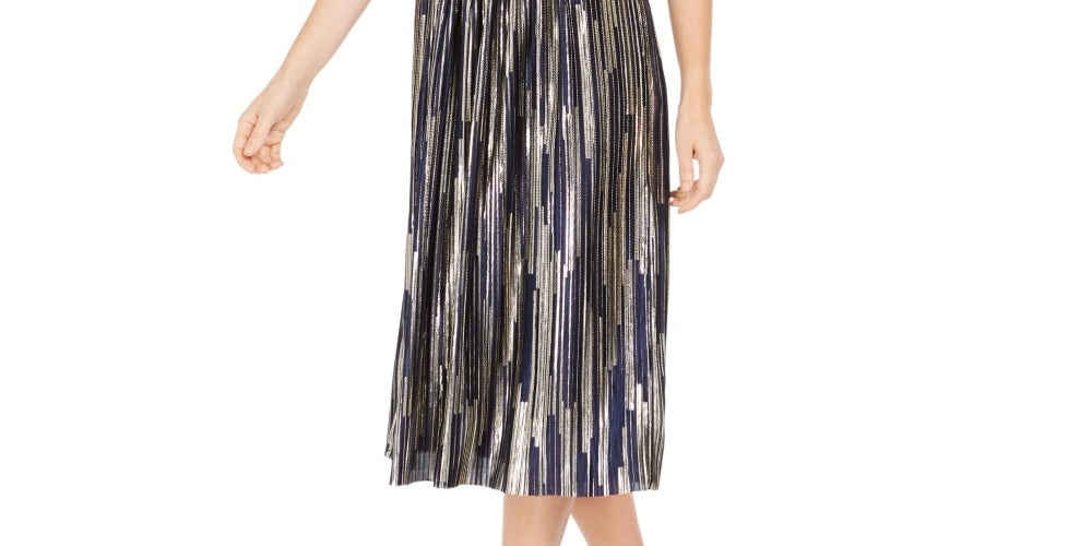 Vince Camuto Women's Metallic Pleat Sleeveless Dress Blue Size 10