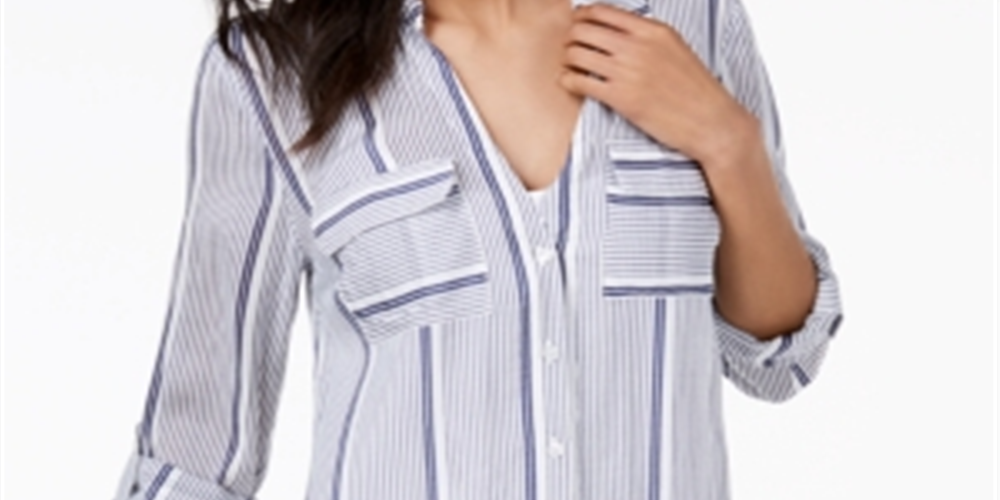 INC Women's Striped Long Sleeve Collared Button up Top Blue Size Medium