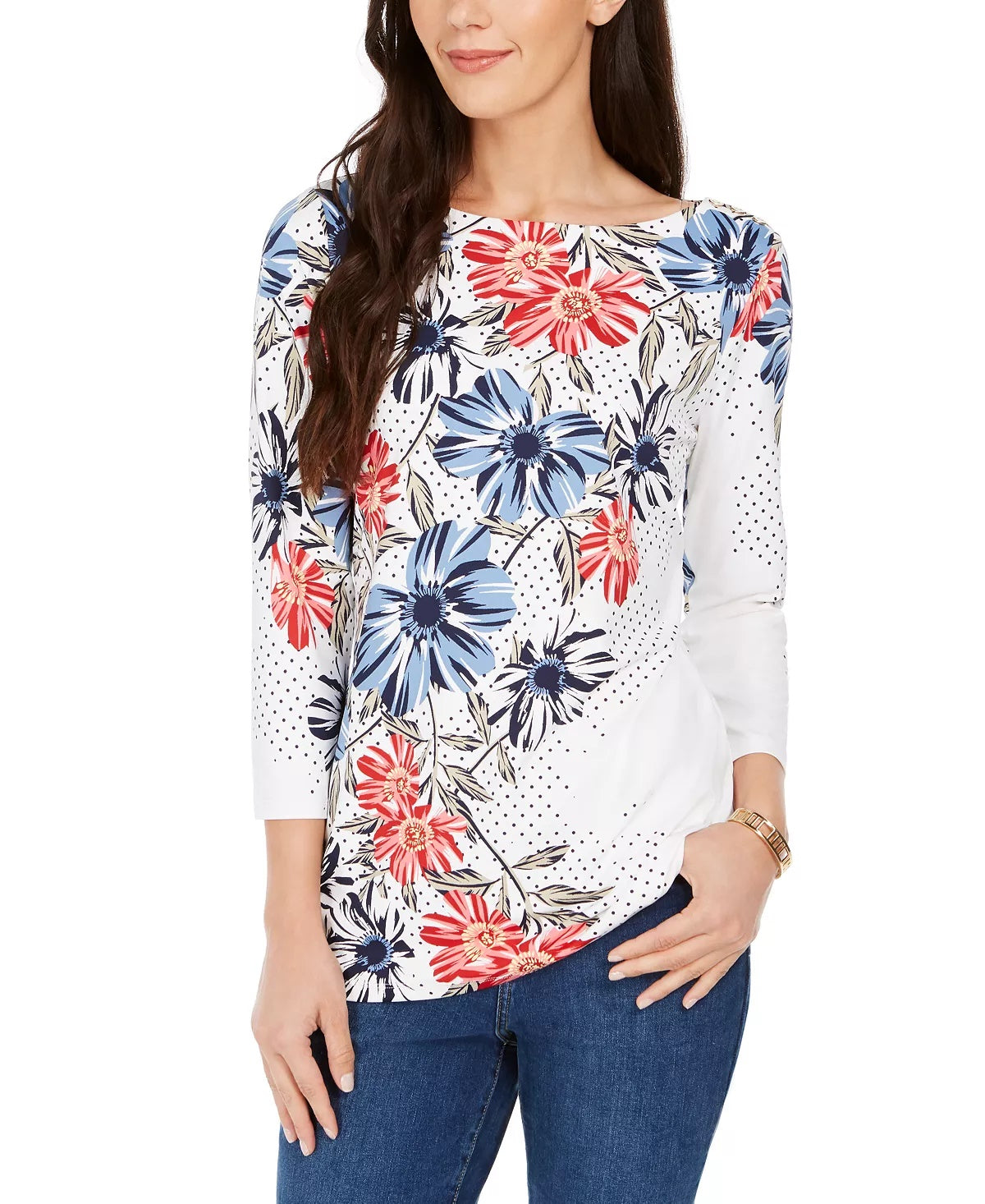 Charter Club Women's Polka Dot Floral Print Top White Size X-Small