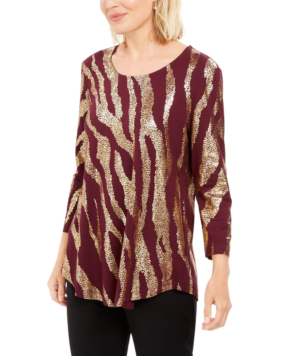 JM Collection Women's Printed Scoop-Neck Top Purple Size Medium