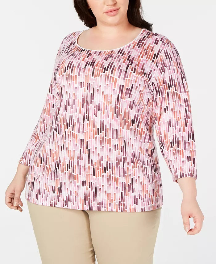 Karen Scott Women's Plus Size Watercolor-Print Top Pink Size 0X