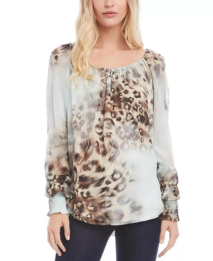 Karen Kane Women's Leopard-Print Smocked-Sleeve Top Brown Size Small