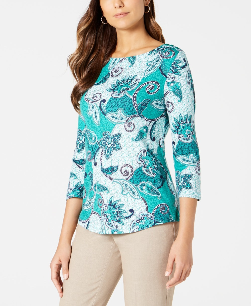 Charter Club Women's Pima Cotton Button Shoulder Print Top Green Size Petite Small