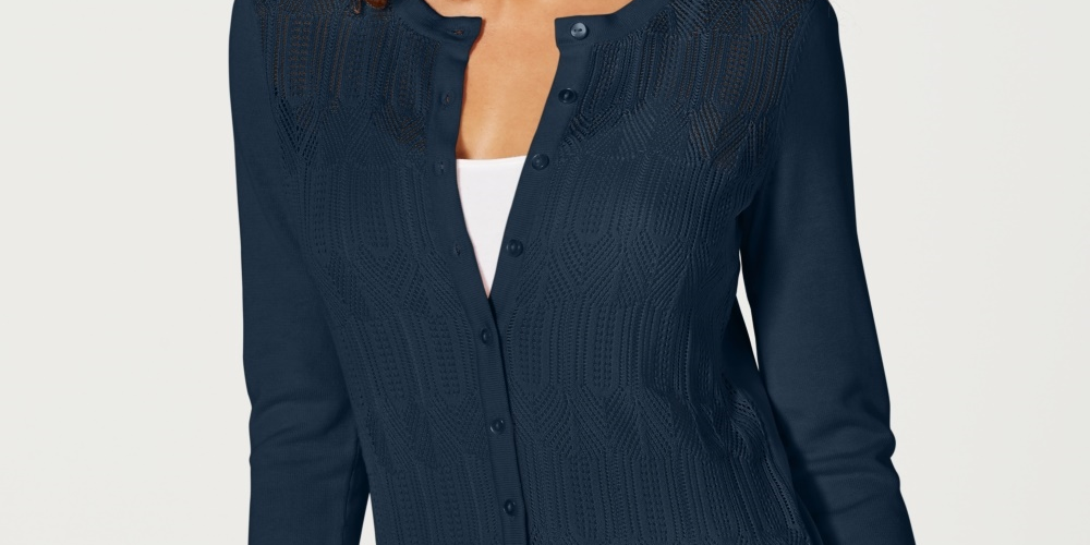 Charter Club Women's Pointelle Knit Cardigan Blue Size Medium