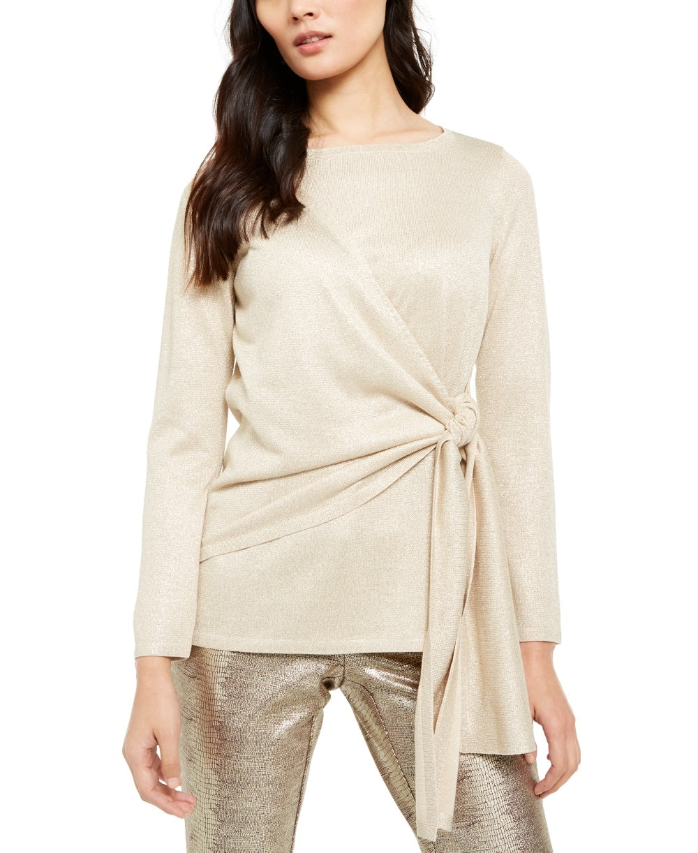 Alfani Women's Metallic Blend Side Tie Blouse Beige Size Small
