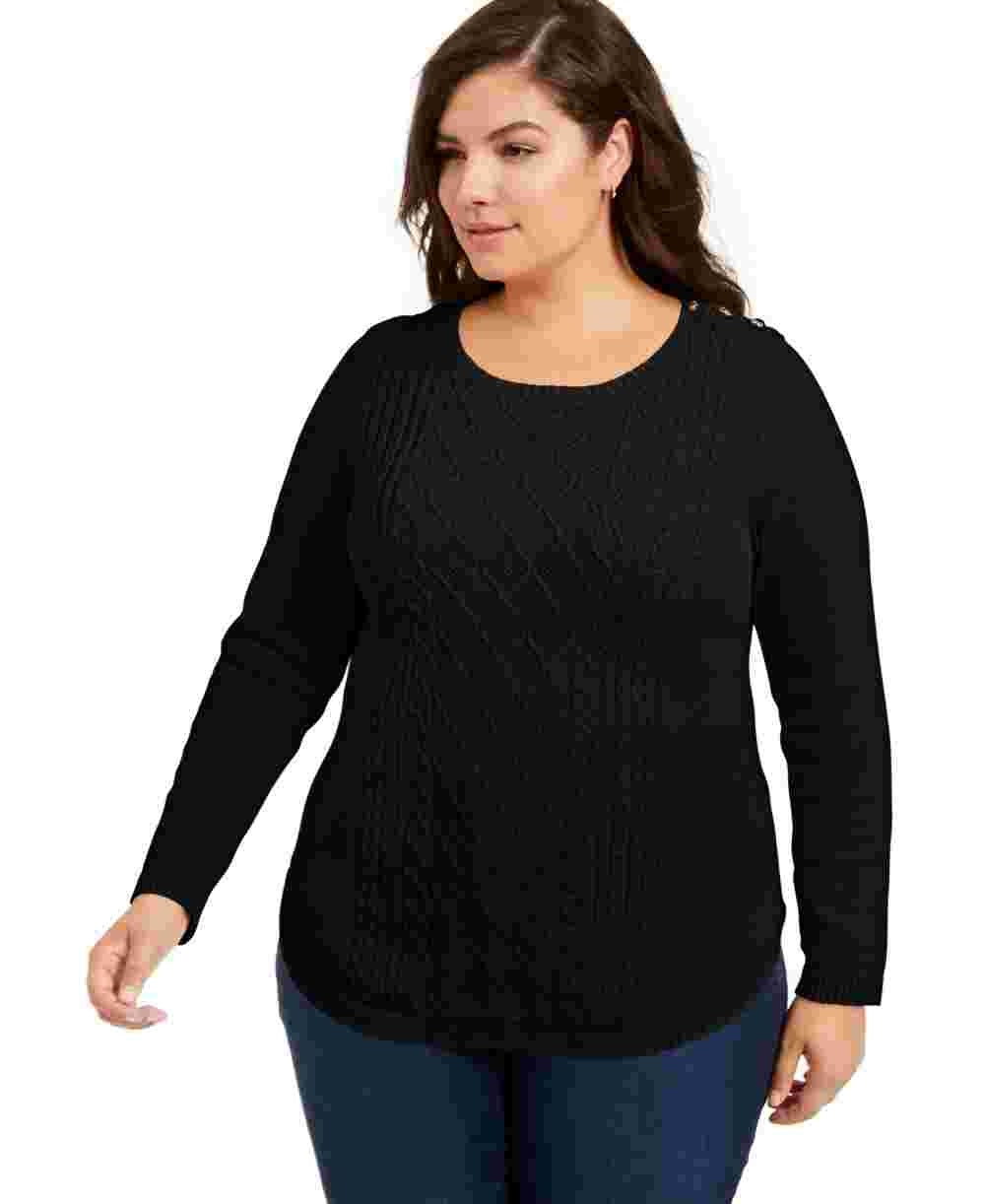 Charter Club Women's Plus Ribbed Trim Button Sleeves Crewneck Sweater Black Size 2X