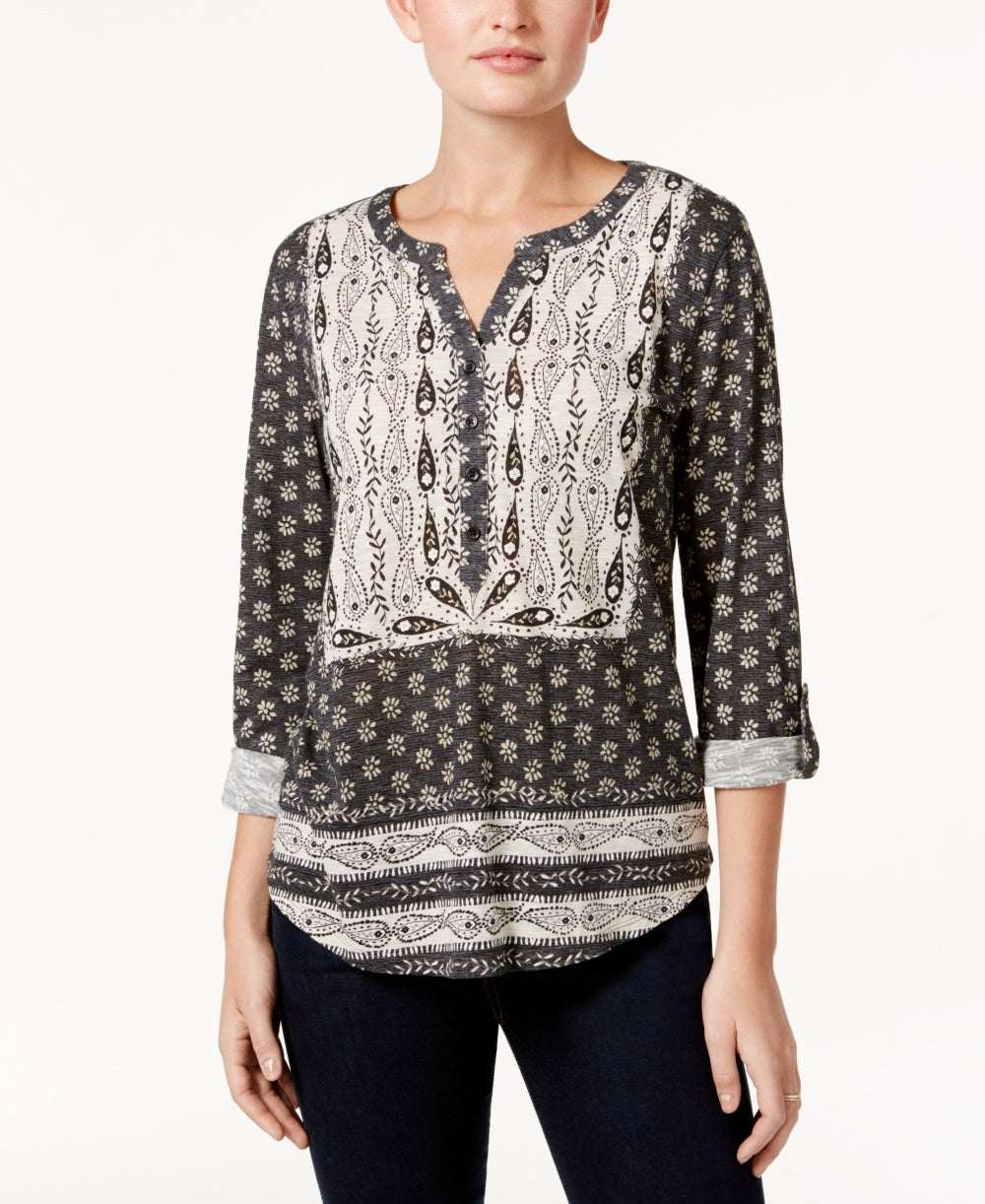 Style & Co Women's Printed Peasant Top Black Size PL
