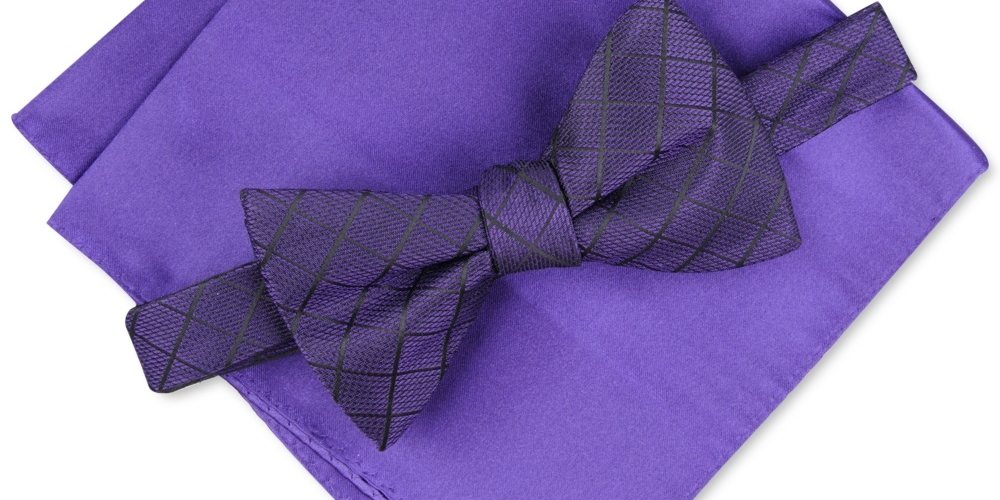 Alfani Men's Grid Pre Tied Bow Tie & Solid Pocket Square Set Purple Size Regular