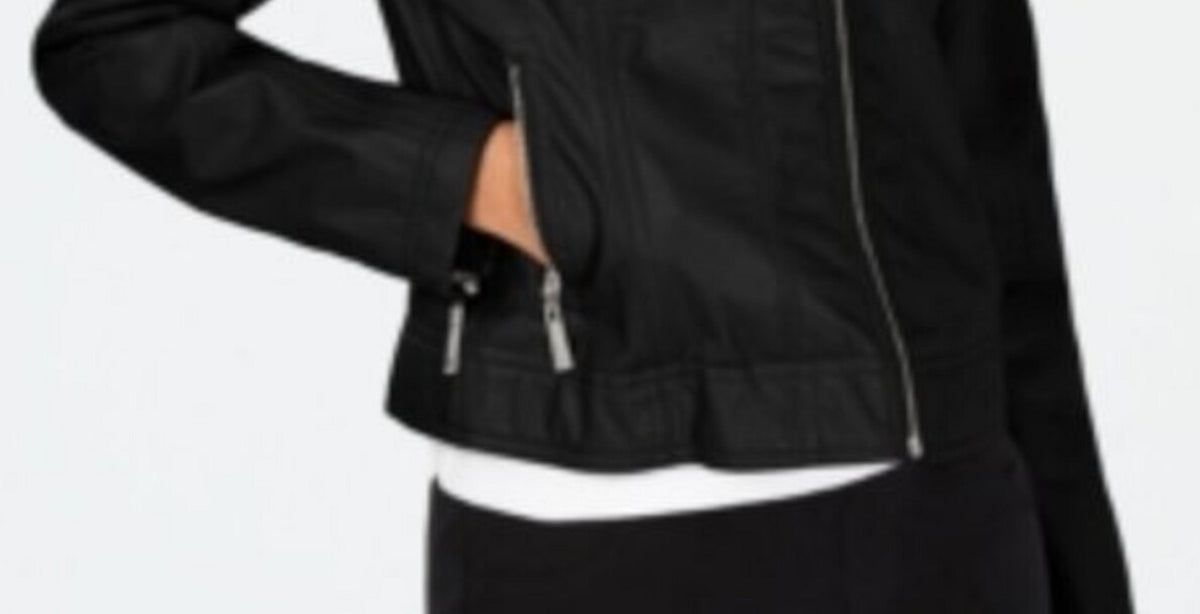Jou Jou Women's Zippered Pocketed Vegan Leather Motorcycle Coat Juniors Black Size X-Large