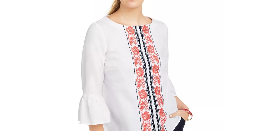 Charter Club Women's Embroidered Bell-Sleeve Linen-Blend Top White Size Medium