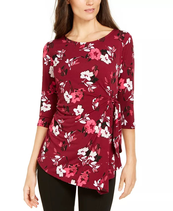 Alfani Women's Printed 3/4-Sleeve Asymmetric Top Red Size Small