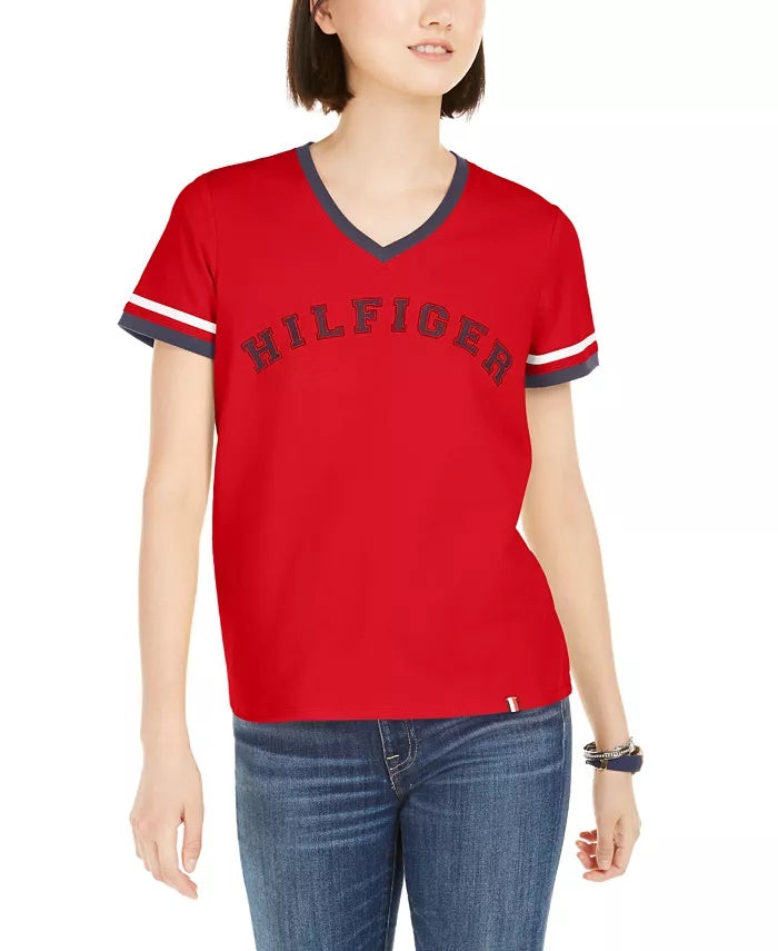Tommy Hilfiger Women's Sport V-Neck Graphic T-Shirt Red Size Large