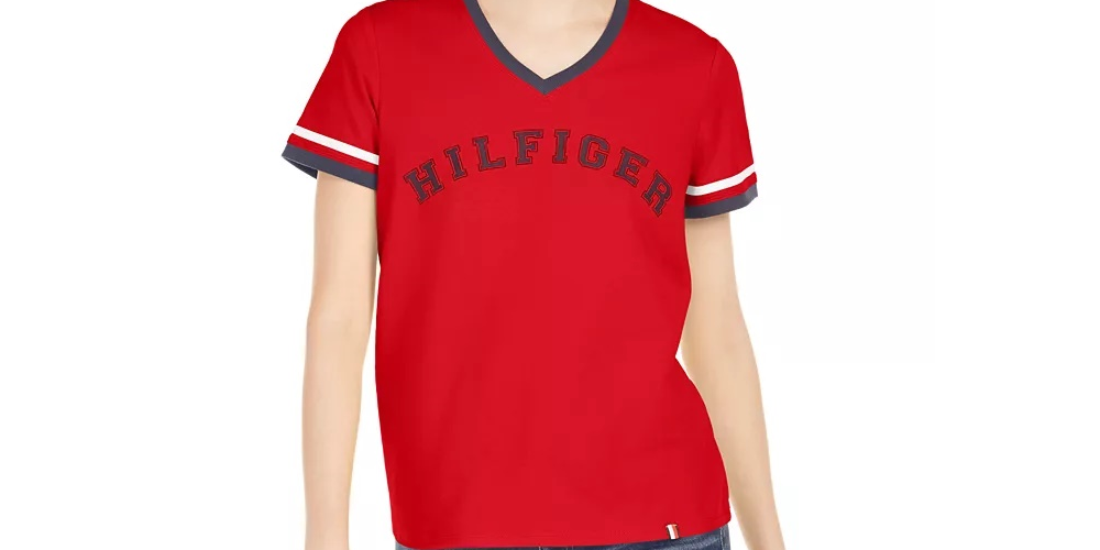 Tommy Hilfiger Women's Sport V-Neck Graphic T-Shirt Red Size Large