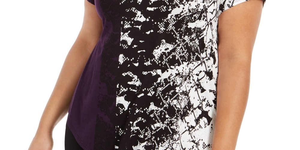Alfani Women's Petite Printed Round-Hem T-Shirt  Purple Size Petite S