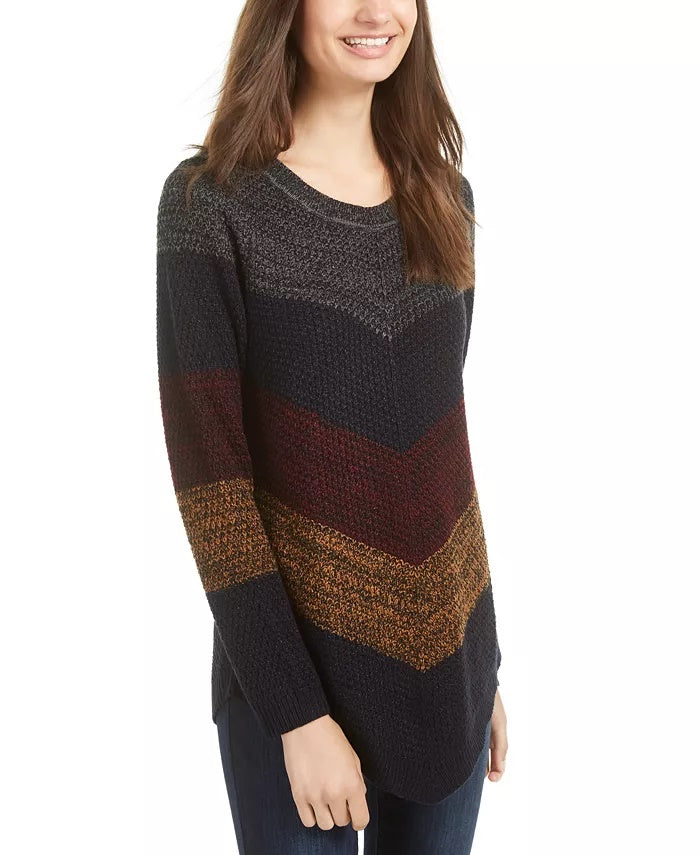 BCX Juniors' Mitered-Stripe Asymmetrical-Hem Sweater Grey/Red Size Small