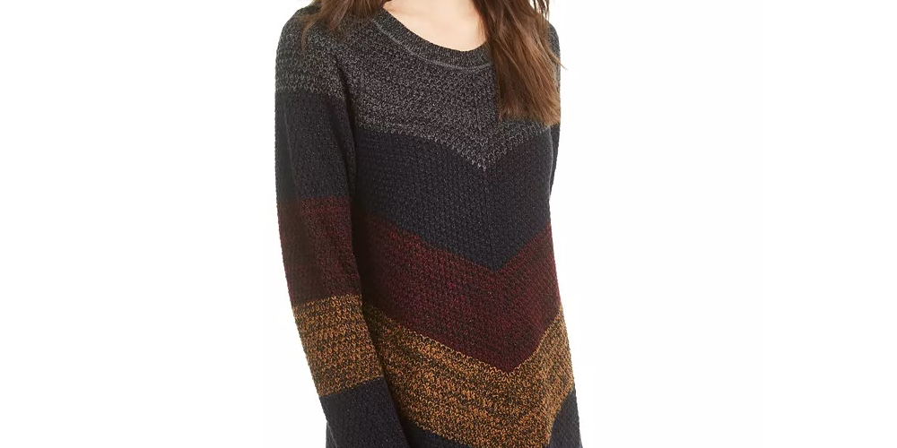 BCX Juniors' Mitered-Stripe Asymmetrical-Hem Sweater Grey/Red Size Small