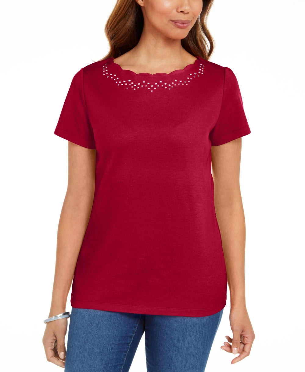 Karen Scott Women's Cotton Scalloped Neck T Shirt Red Size Small