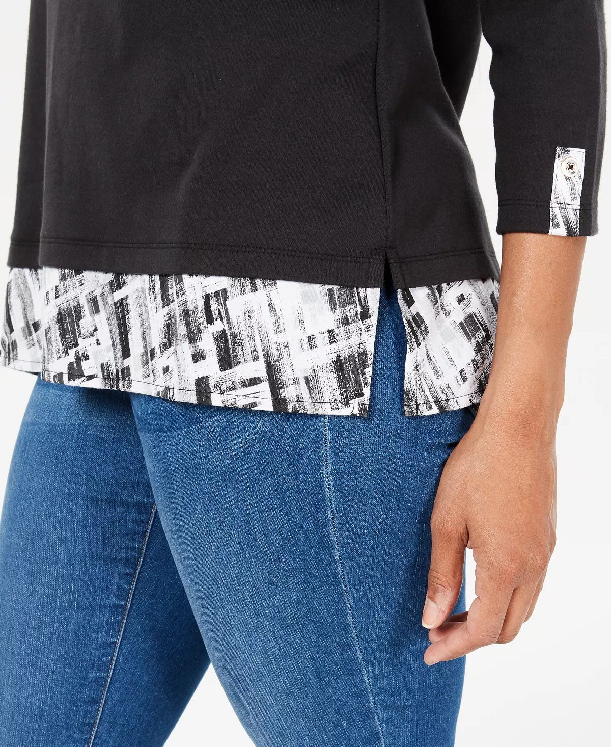 Karen Scott Women's Layered Look Solid & Plaid Top  Black Size X-Large